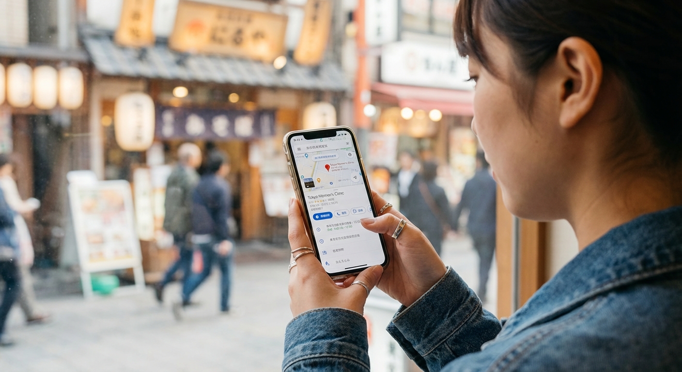 スマホでクリニックを検索する女性