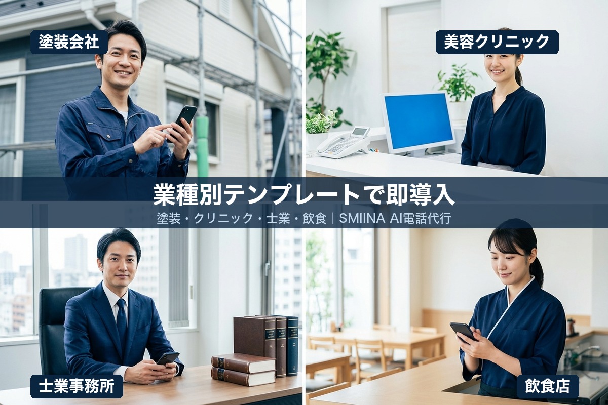 業種別AI電話受付の活用事例：塗装会社・美容クリニック・士業事務所・飲食店の4業種テンプレート対応